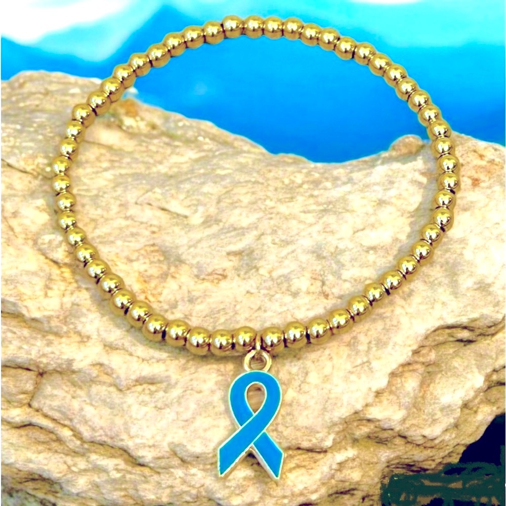 Bracelet Ovarian Cancer Awareness, Gold Stainless Steel Beads 4mm, Ribbon charm